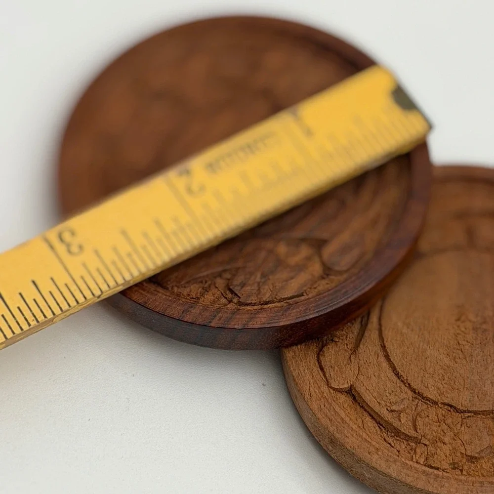 Vintage Hand Carved Floral Wood Coaster Set of 6 with Round Holder Brown Boho